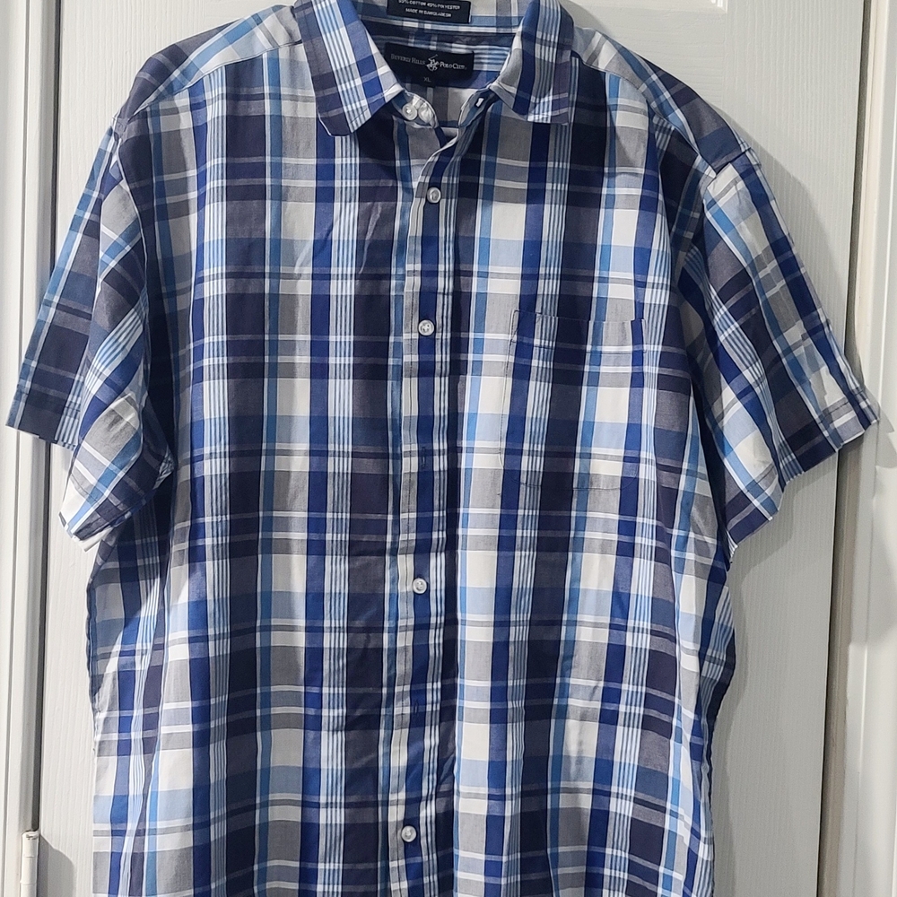 Beverly Hills Polo Club Navy and White Plaid Shirt